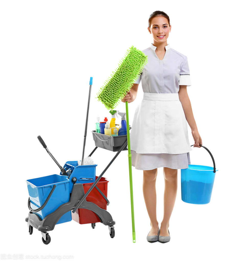女服务员与清洁用品